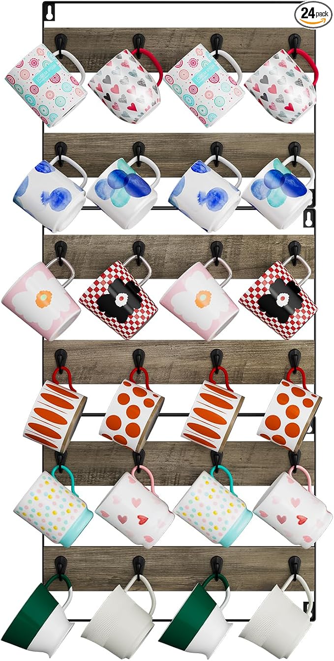 IBUYKE Wall-Mounted Mug Rack Set of 3, 24-Hook Large Coffee Display Organizer by IBUYKE