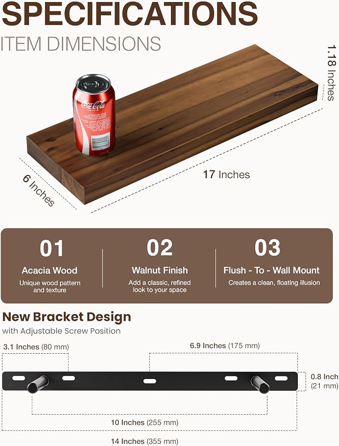 BATODA Set of 2 17" Acacia Wood Floating Shelves Wall Mounted – Rustic - Image 2