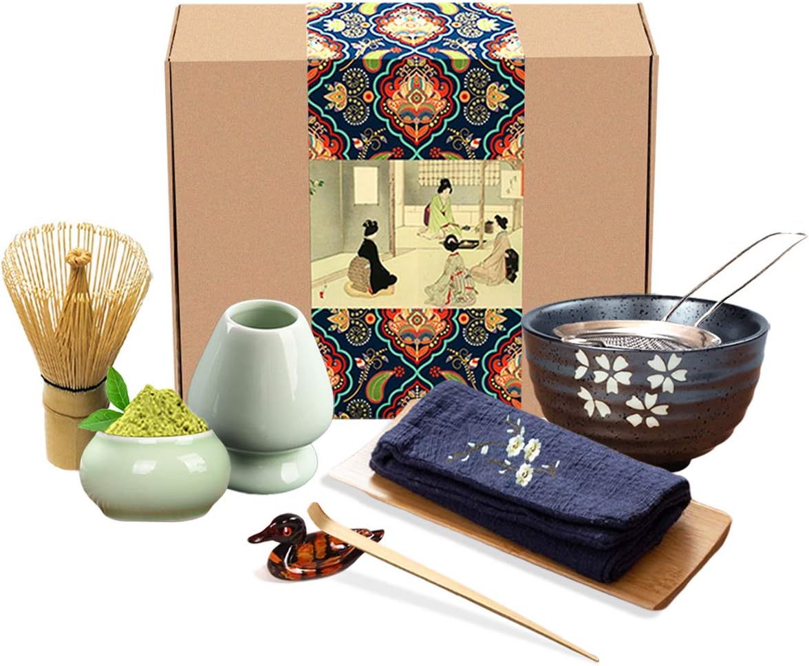 Artcome Traditional Japanese Matcha Tea Set, Matcha Whisk, Traditional Scoop, Matcha Bowl & Caddy, Ceramic Whisk Holder, Handmade Matcha Ceremony Kit (9Pcs)