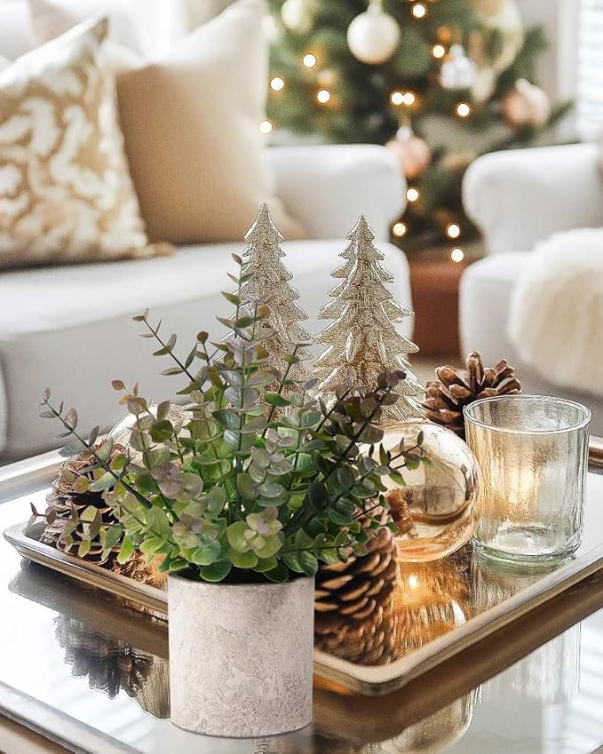 Coferset 2 Pack Small Fake Plants Christmas Greenery Eucalyptus Potted - Image 5