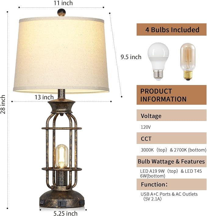 28" Vintage Table Lamps for Living Room, Industrial Farmhouse Table Lamp - Image 6