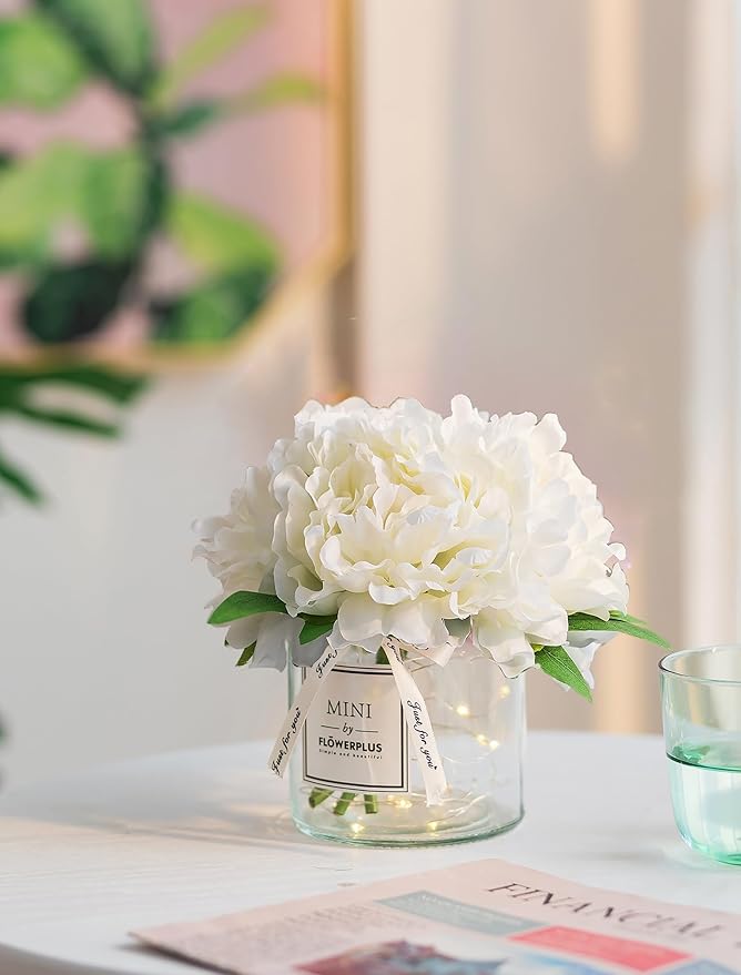 BLOSMON Fake Flowers in Vase for Table: White Artificial Hydrangea - Image 4