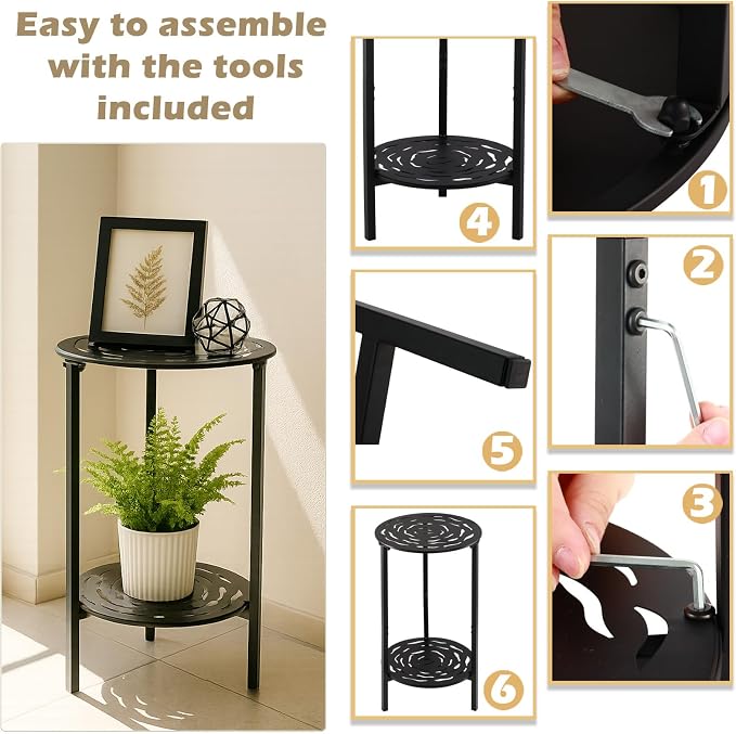 2-Tier Metal Round Side Table Black Accent Coffee Tables Small Space Corner - Image 4