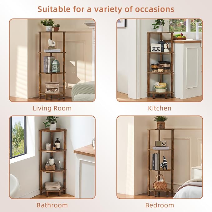 YUFAM 4-Tier Corner Shelf with Sturdy 5-Leg Base, Wooden Corner Bookshelf - Image 7