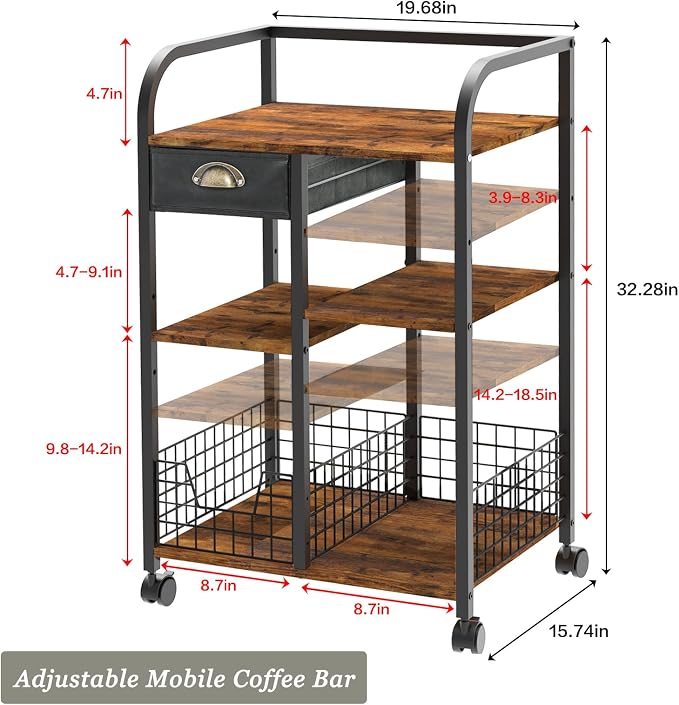 keomaisyto Coffee Cart with Storage Drawer, Coffee Bar Cabinet with Wheels - Image 5
