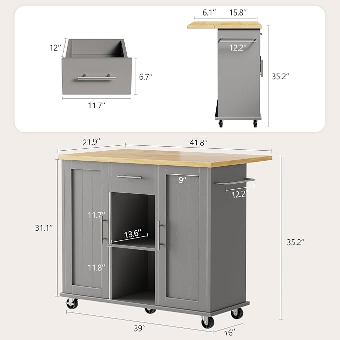 Shintenchi Kitchen Island with Storage, Bar Cart Cabinet Island Table on Wheels - Image 3