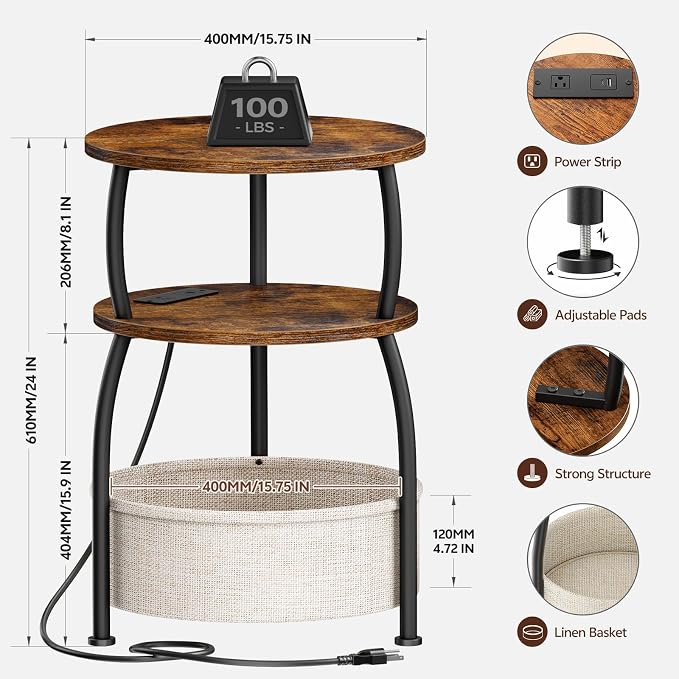 Round Side Table with Charging Station, USB Type C Port, 3 Tiers Sofa Couch - Image 9