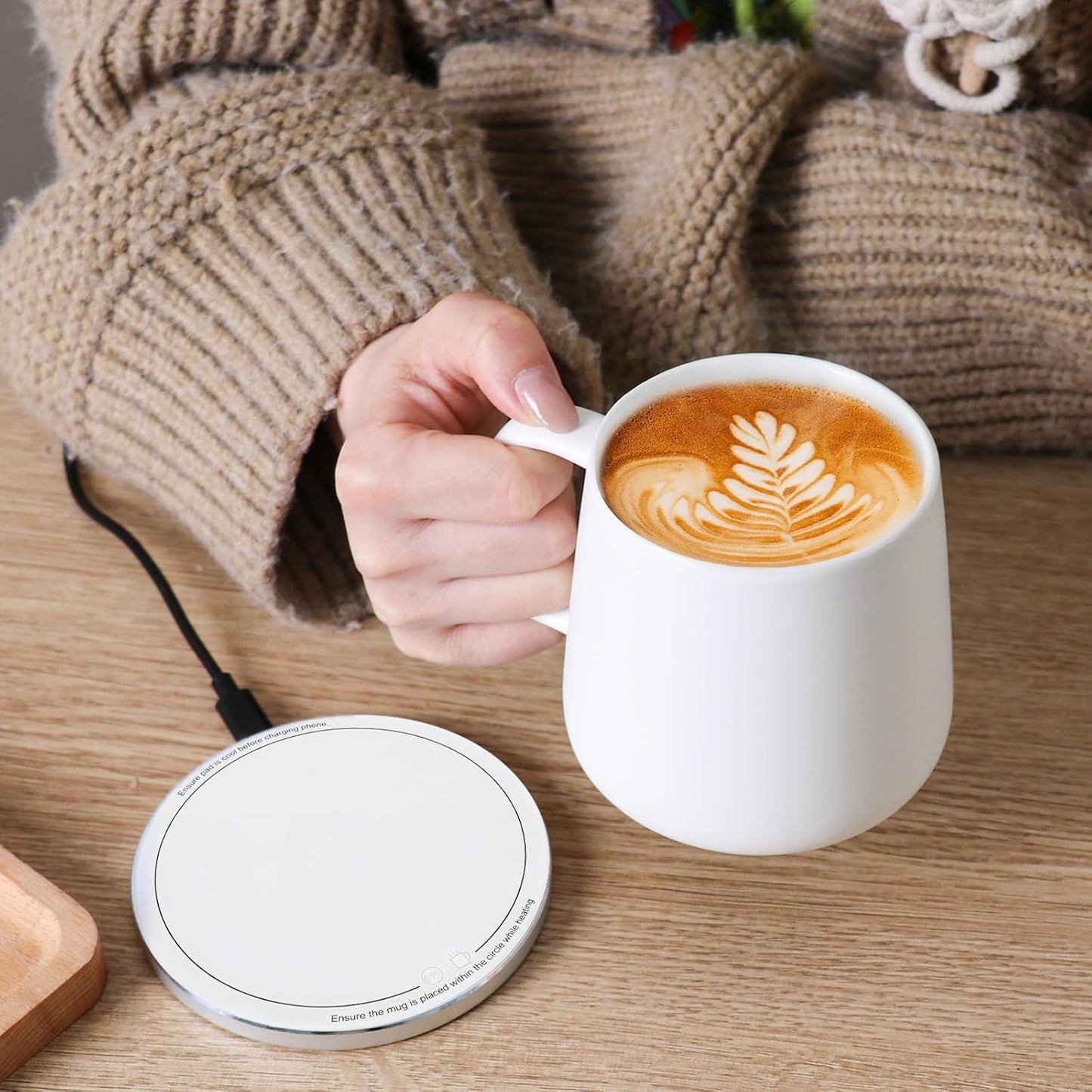 APEKX Self-Heating Ceramic Coffee Mug - Stable 130°F Temperature, 15W Wireless Phone Charging, 12.8 fl oz Capacity - USB-C Enabled. (White)