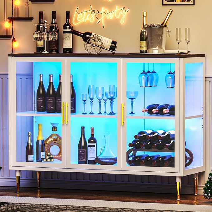 Wine Bar Cabinet with LED Lights, Metal Wood Home Coffee Bar Cabinet with Glass - Image 3