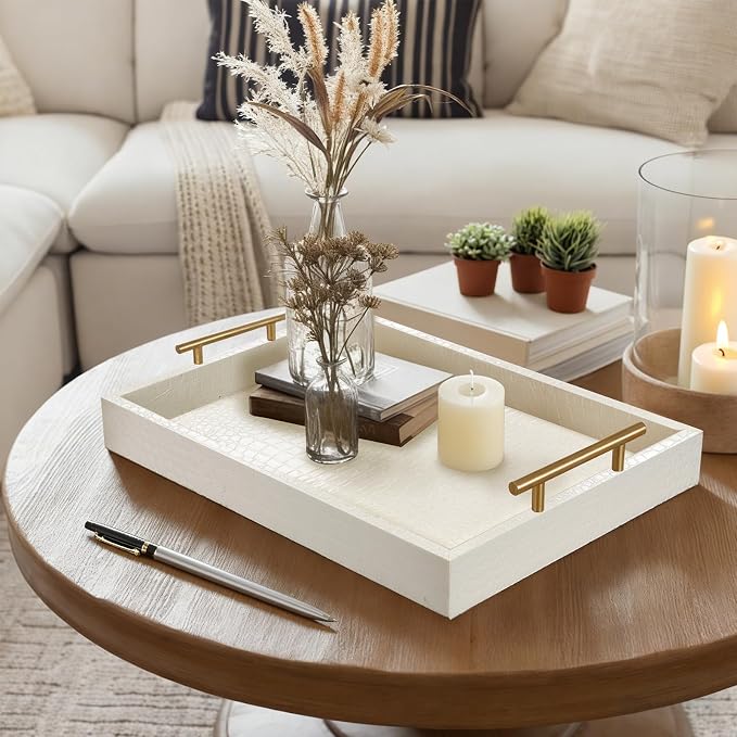 SXNOWS 17"x12" Cream Faux Leather Serving Tray - Image 2