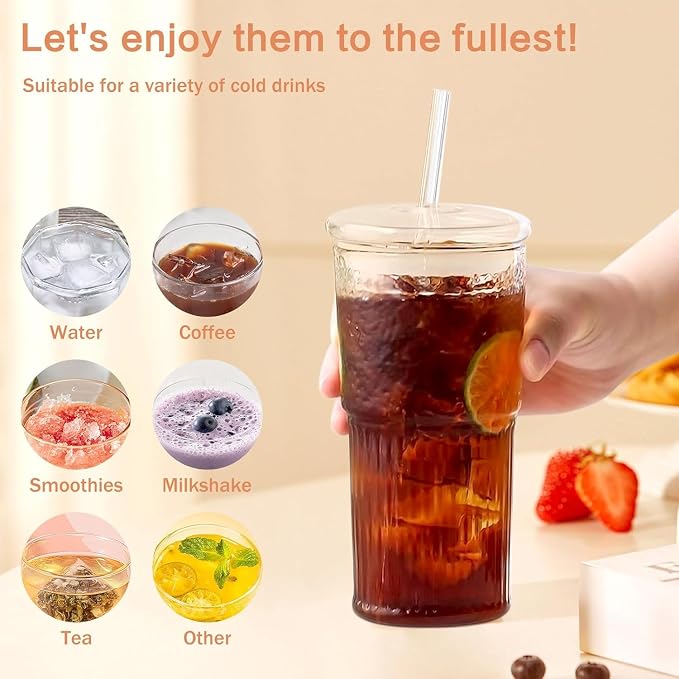 20 oz Glass Cups with Lids and Straws, 4 Pack Iced Coffee Cup with Glass Lid - Image 5