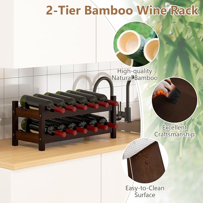 Giantex Bamboo Wine Rack, 2 Tier 12 Bottle Wine Storage Cabinet Shelf, Small - Image 3