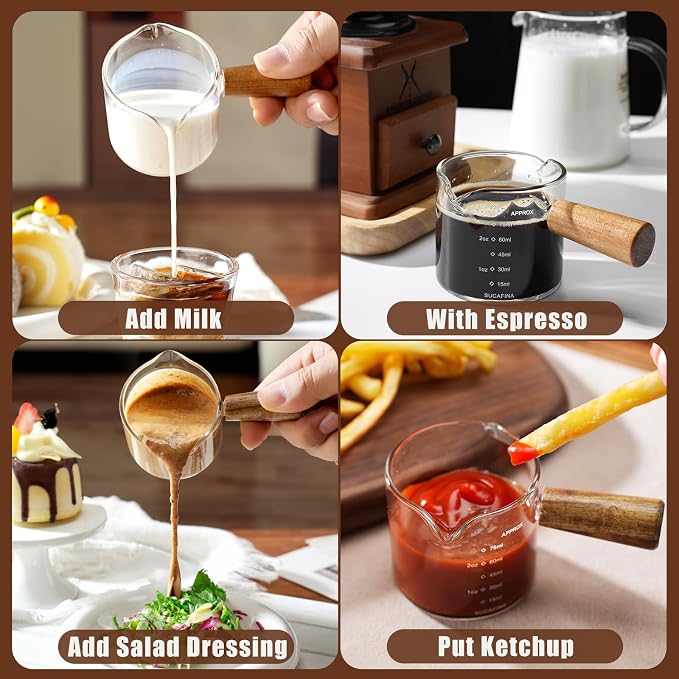 2 Pack Espresso Cups with Wood Handle, 75ML Double Spout Glass Measuring Cup - Image 7