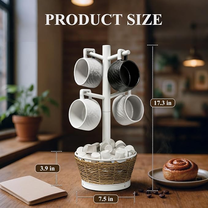 Wood Mug Holder Tree with Woven Basket, 4 Hooks Coffee Mug Holder, Countertop - Image 2
