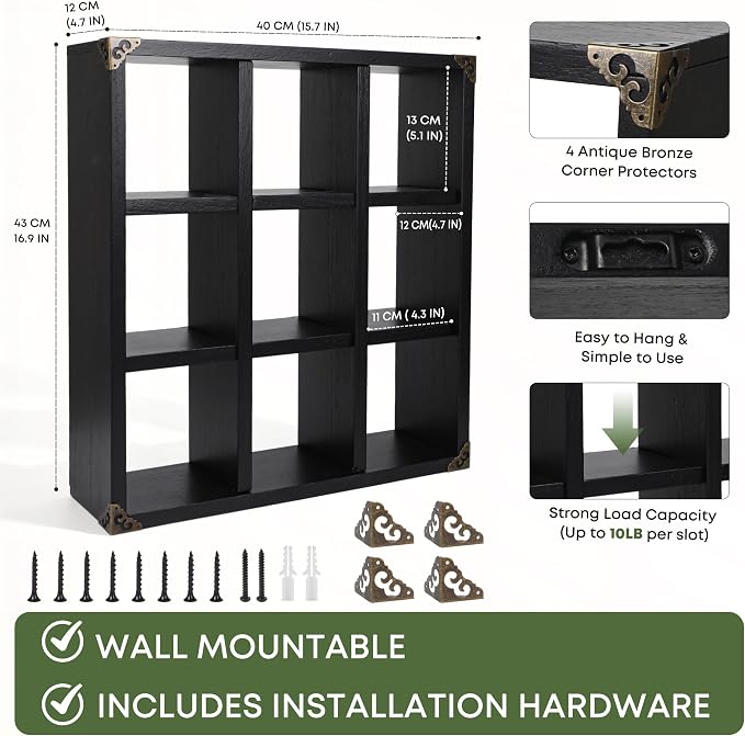 9 Slot Coffee Mug Display Rack - 17in Wall Mounted | Solid Wood - Image 3