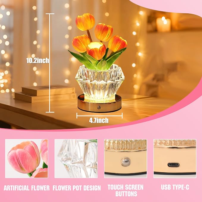 Tulip Flower Lamp with Diamond Vase, 3 Color LED Night Light, Dimmable Touch - Image 4