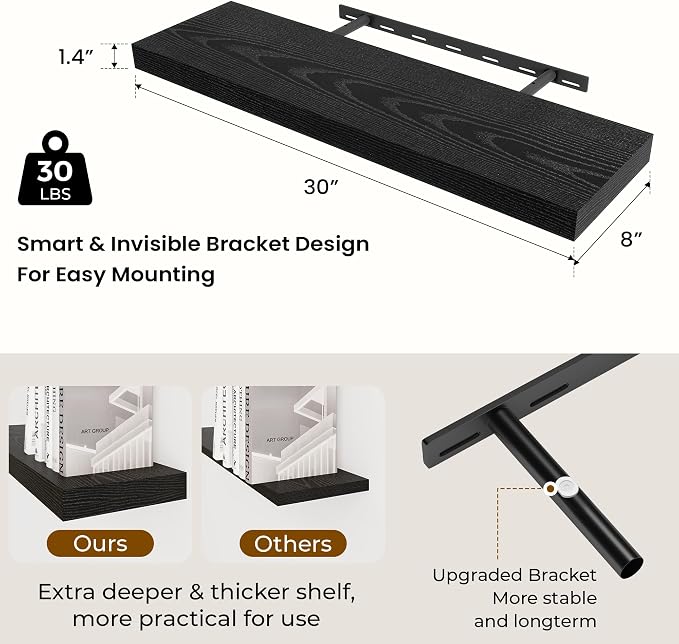 Dreamland 30 Inch Long Floating Shelves in White, 8 Inch Deep Floating Shelf - Image 3