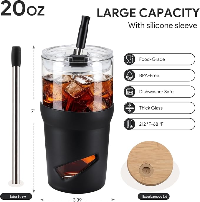 Glass Tumbler with Lids and Straws, 20 oz Iced Coffee Cup and Smoothie Cup with - Image 2