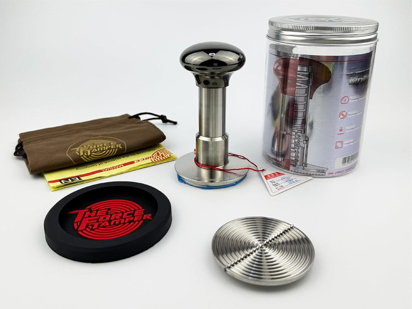 The Force Tamper Automatic Impact Adjustable Constant Pressure and Autoleveling Coffee Tamper Black Mirror Jellyfish AL Handle Set Pro (C-Ripple Distribute Set, 58.35mm)