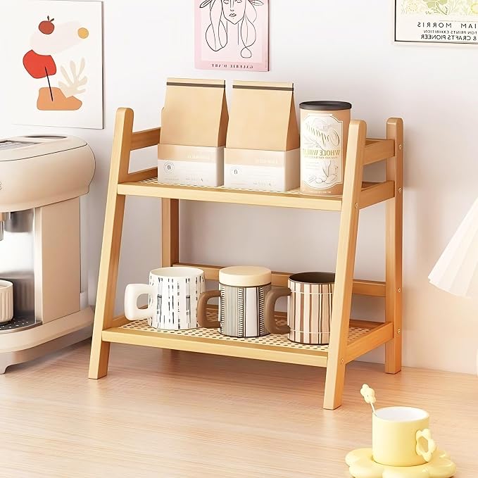 2 Tier Coffee Bar Station Organizer & Bamboo Mug Holder – Countertop Tea and - Image 2