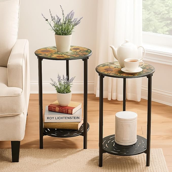 2-Tier Metal Round Side Table Black Accent Coffee Tables Small Space Corner - Image 2