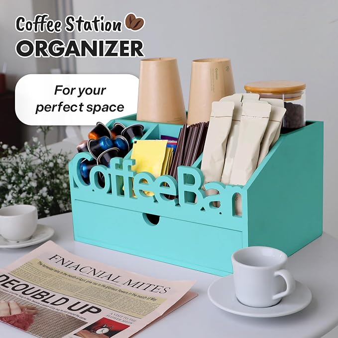 Coffee Bar Organizer Countertop, Wood Coffee Station, Turquoise | K-Cups - Image 5