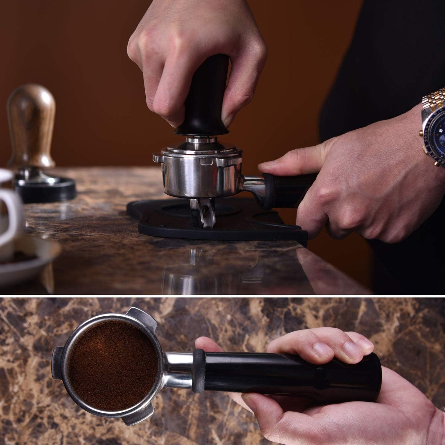 53mm Calibrated Espresso Tamper, Calibrated Coffee Tamper with Spring Loaded Anodized Aluminum Handle Stainless Steel Flat Base, Professional Espresso Hand Tamper