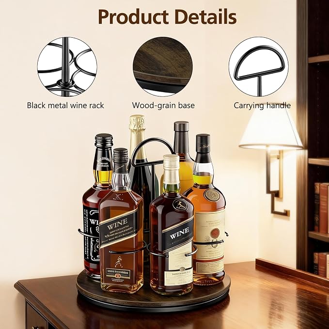 360° Rotating Wine and Coffe Syrup Bottle Rack, 6-Bottle Countertop Organizer - Image 4