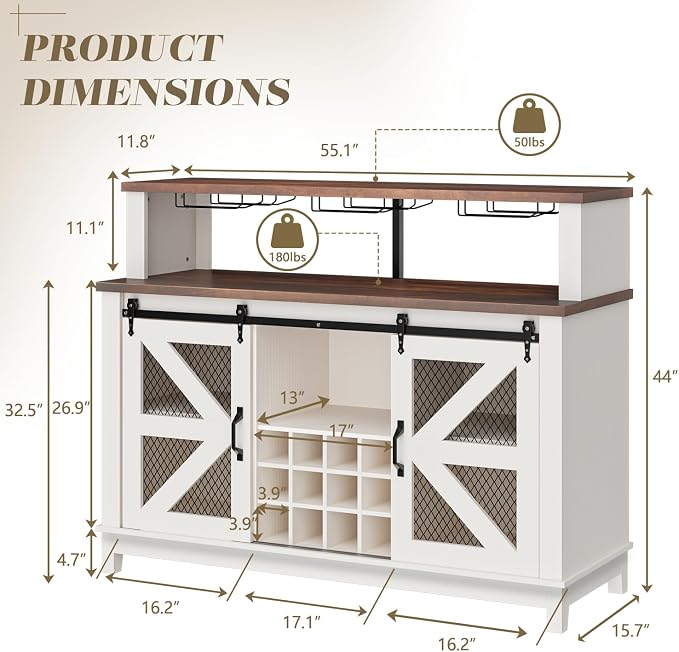 55" Coffee Bar Cabinet with LED Lights, Farmhouse Wine Bar Cabinet - Image 2