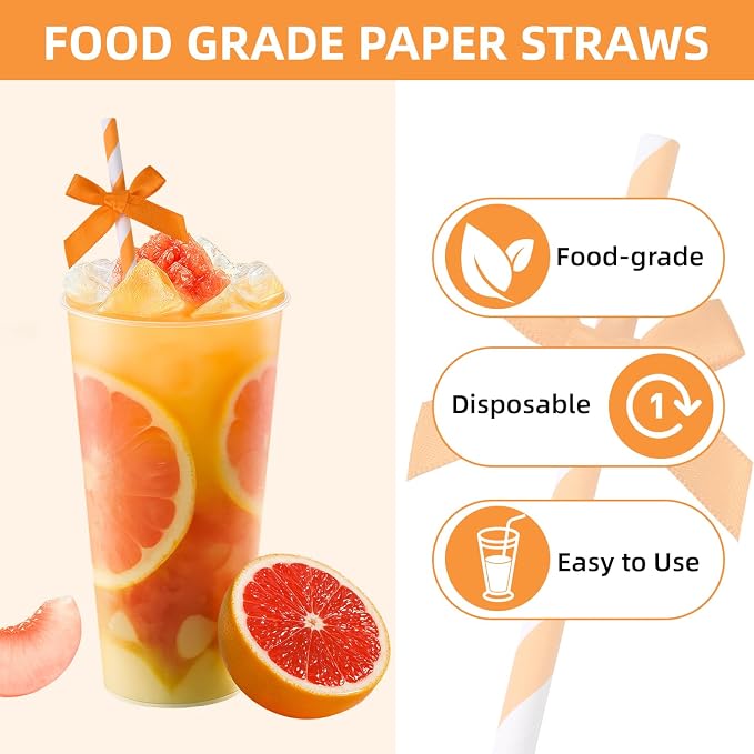 20pcs Orange Bow Straw, 7.7inch Autumn Thanksgiving Biodegradable Cute Paper - Image 4