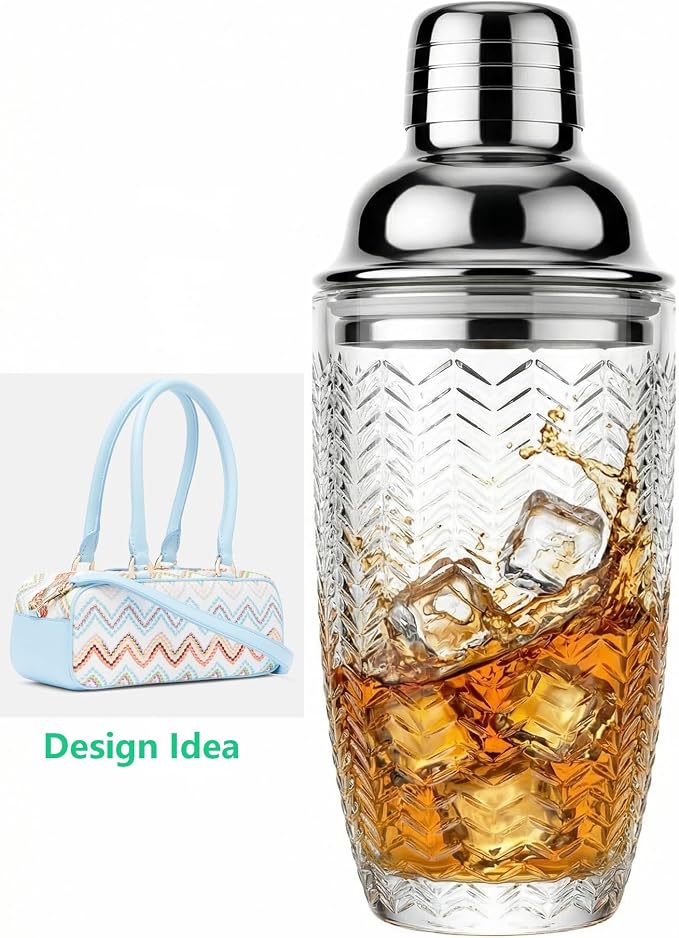 V-Cut Glass Cocktail Shaker 15oz | Leakproof, Stainless Lid, Upgrated Silicone - Image 8