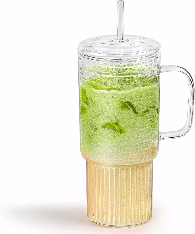 32oz Glass Cups with Handle Lids and Straws, Borosilicate Glass Tumblers by MINGHYZYA