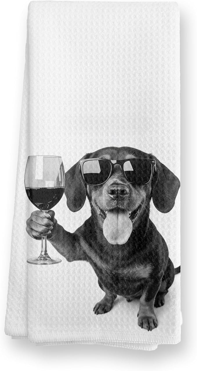Funny Black Dachshund Wine Kitchen Towels, Cute Dog Tea Towels, Dog Lover Gifts by TopXmai