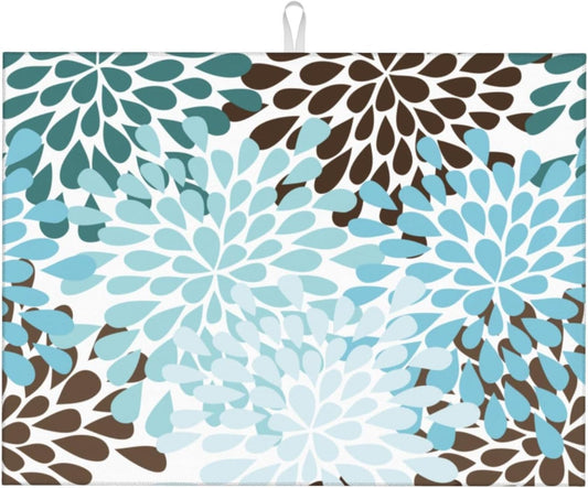 Blue Gray Dahlia Flowers Dish Drying Mat 18x24 inch for Kitchen Spring Floral Dishes Pad Dish Drainer Rack Mats Absorbent Fast Dry Kitchen Accessories
