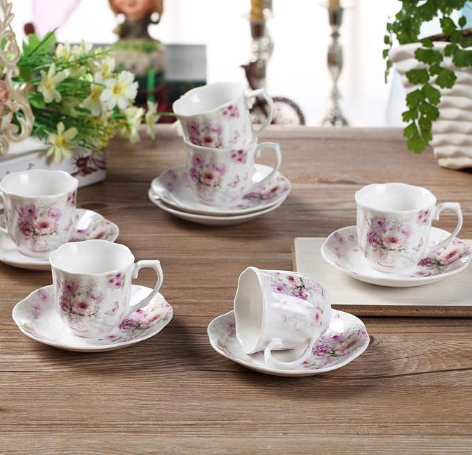 GuangYang 2.5 oz Porcelain Espresso Cups and Saucers Set – Floral Design - Image 6