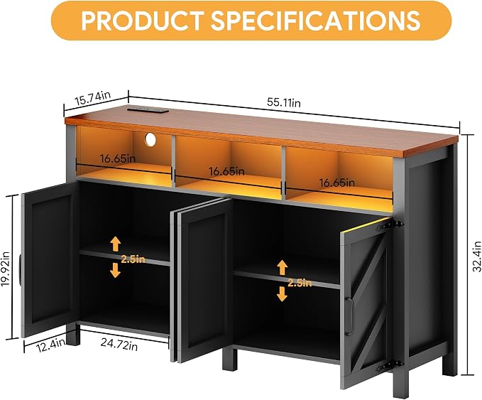 knoworld Buffet Sideboard with Storage with Power Outlets & LED Light 4 Doors - Image 2