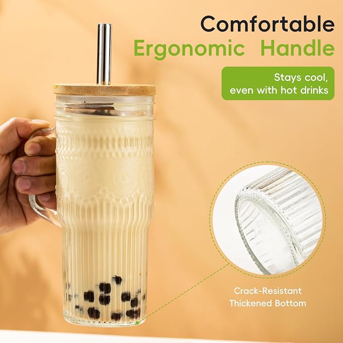JunVpic Glass Cups with Bamboo Lids and Straws, 24oz Glass Tumbler with Handle - Image 4