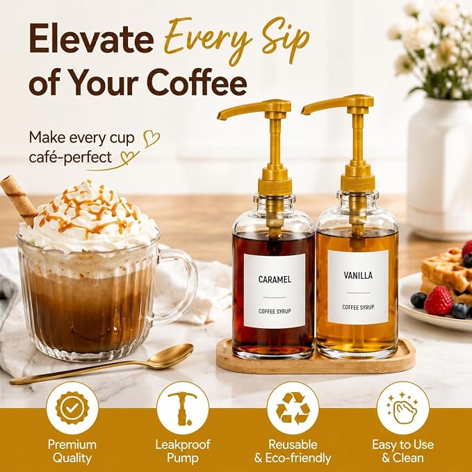 Coffee Syrup Dispenser with Tray, 2 Pack 16oz Glass Coffee Syrup Bottles with - Image 2