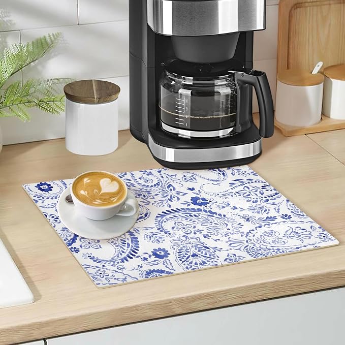 Blue White Flower Coffee Mat Station Bar Maker Machine Spill Mats Backed - Image 5