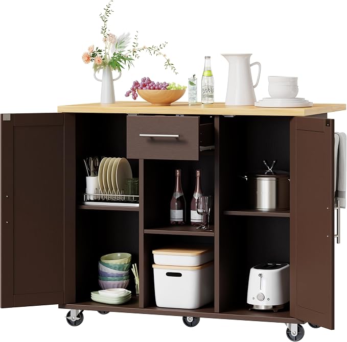 Shintenchi Kitchen Island with Storage, Bar Cart Cabinet Island Table on Wheels - Image 7