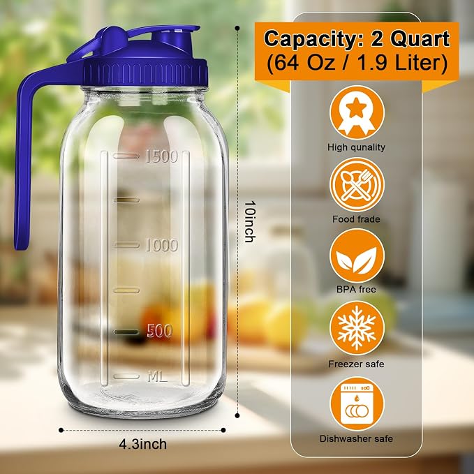 64oz Glass Pitcher with Lid, 2 Quart Mason Jar Pitcher with Lid and Spout - Image 2