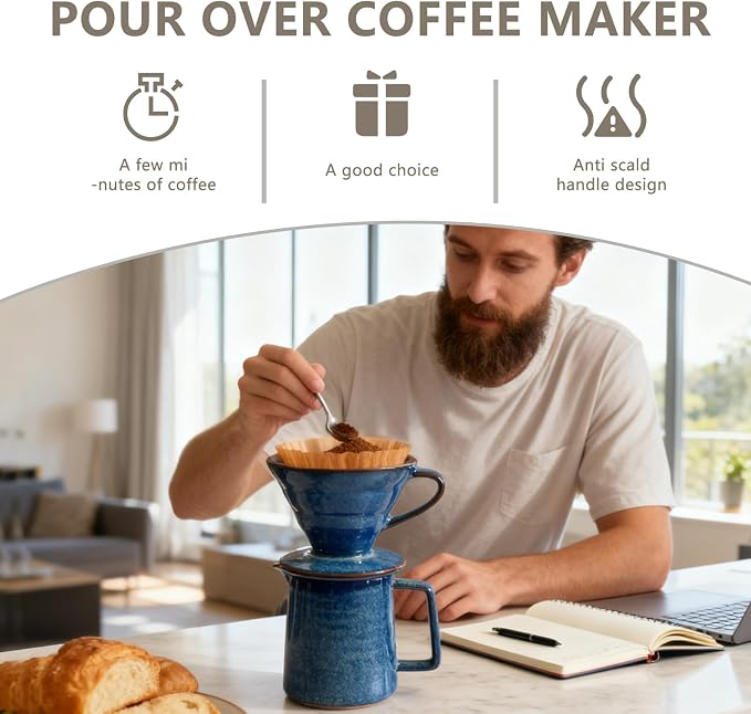 Ceramic Pour Over Coffee Maker Set, Starry Blue Coffee Dripper Cone - Image 3