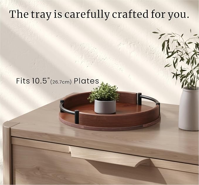 Fibogollo Bamboo Tray with Metal Handle, 11.81inches; Ottoman-Style Round - Image 5
