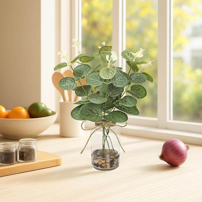 2 Pack Artificial Eucalyptus Stems in Glass Vases, Small Faux Plants - Image 3