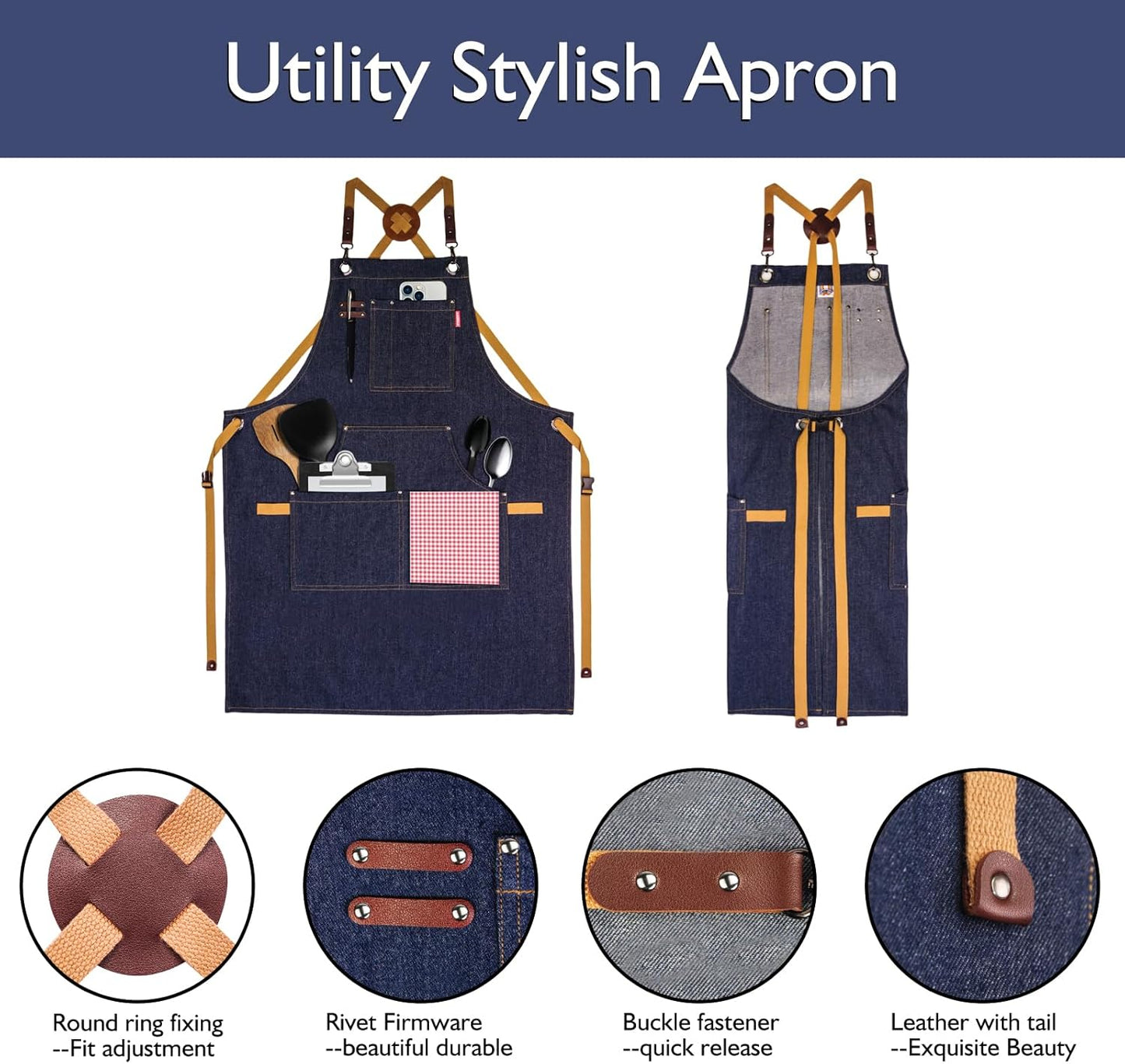 10 Pack Kitchen Aprons, Work Apron, Canvas, Multiple Pockets, Gardening, Painting, BBQ, Artist, Carpenter, Sizes M to XXL, Denim