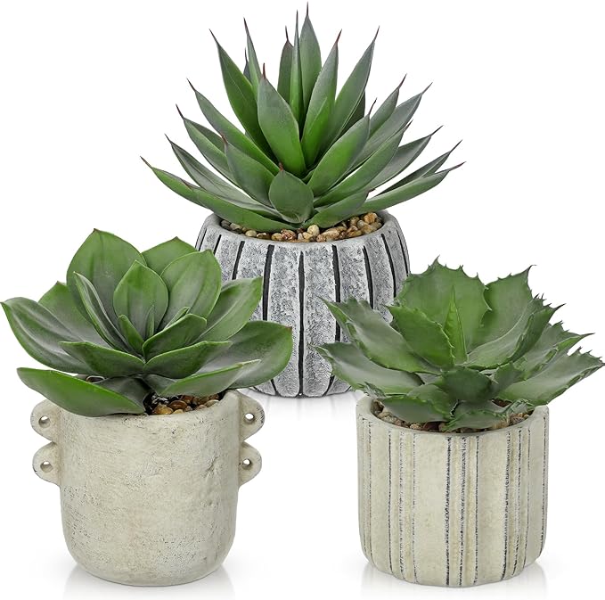 Briful 3 Pack Faux Succulent Plants in Vintage Cement Pots – Artificial Aloe by Briful