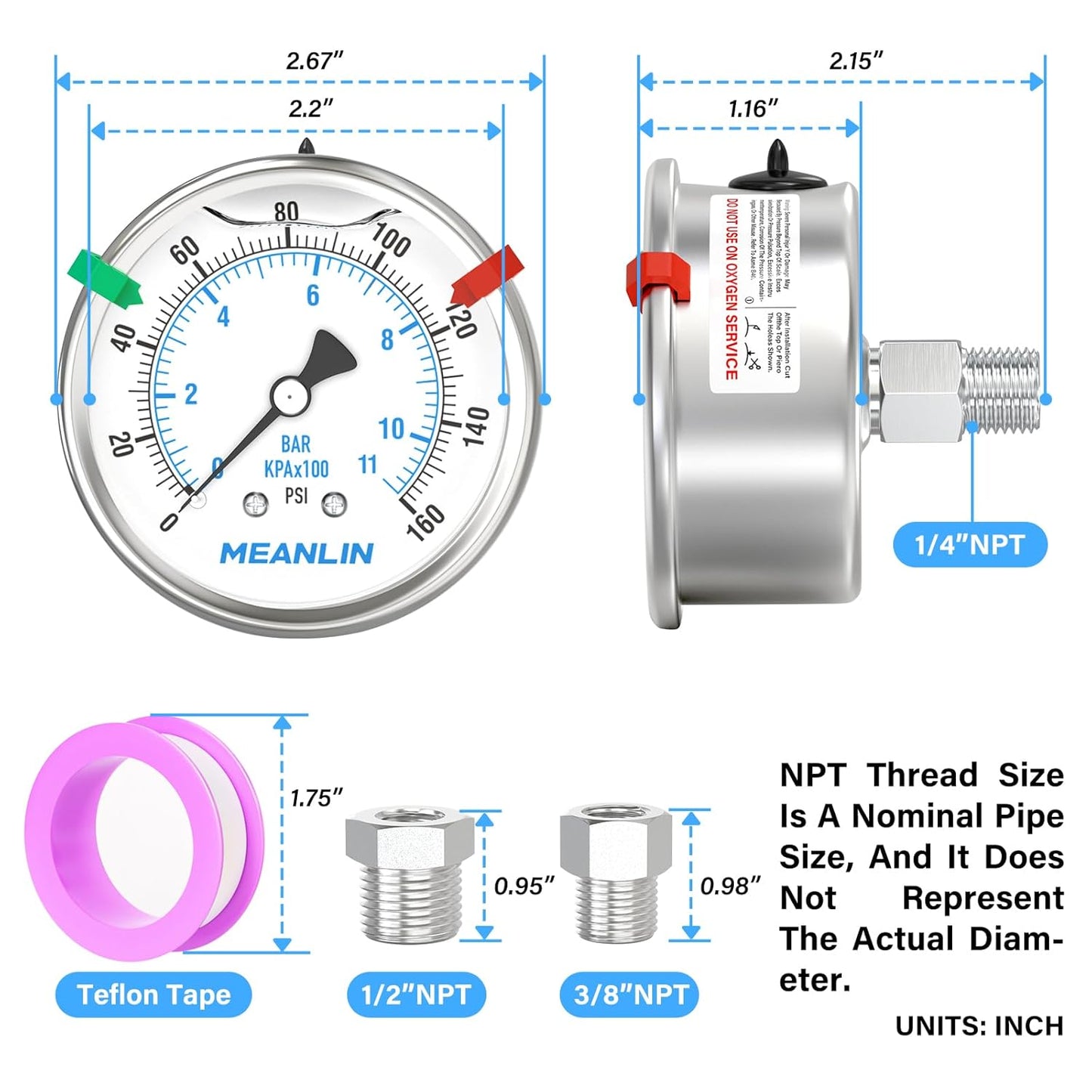 MEANLIN MEASURE 0~160Psi Stainless Steel Liquid Filled Pressure Gauge 2.5"FACE DIAL 1/4"NPT for Air Compressor RV Regulator Water Pressure Tester Back Mount with Stainless Steel Hex Bushing and Snaps