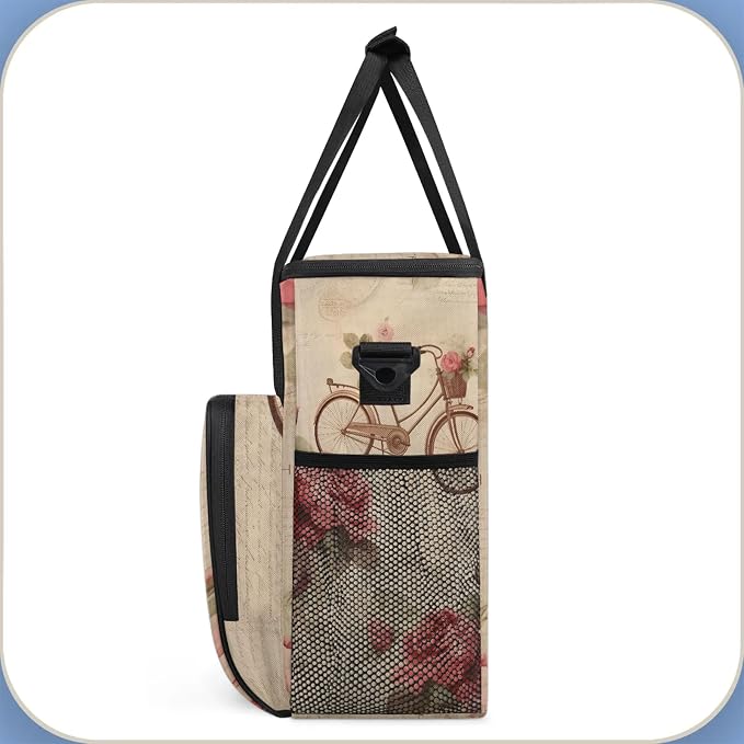 Vintage Rose Bicycle Flower Coffee Maker Carring Bag, Large Insulated Storage - Image 4