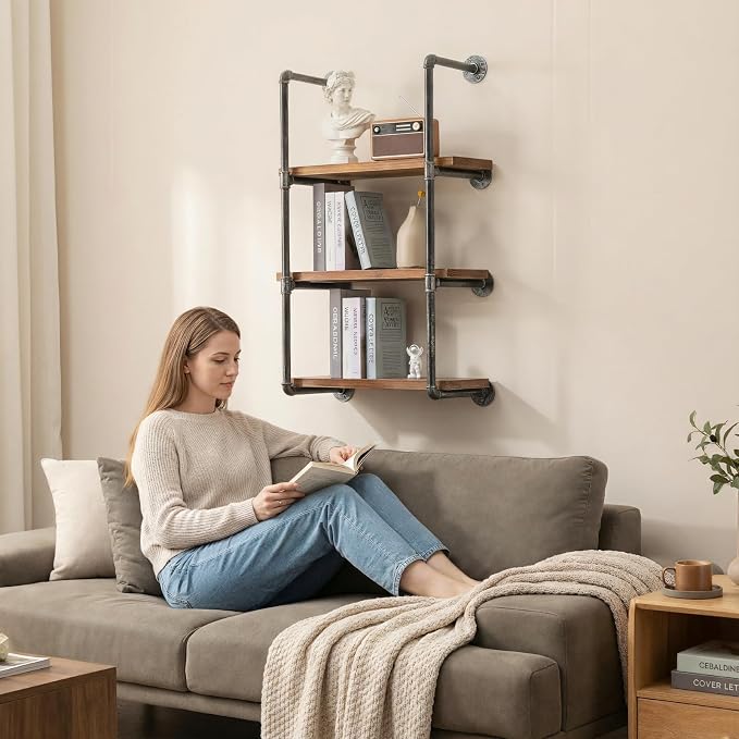 Industrial Wall Mounted Iron Floating Pipe Wood - Image 2
