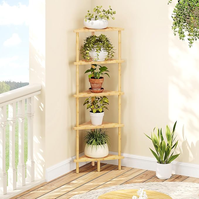 HOOBRO Corner Shelf Stand, 5-Tier Bamboo Corner Bookshelf, Plant Display Shelf - Image 9